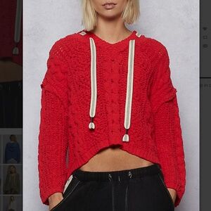 POL Red V-Neck Cable Knit Sweater with Drawstrings